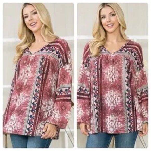 Bohemian Aztec Print V-neck Top Small - Picture 2 of 3